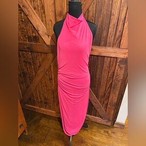 FORE pink maxi dress, fitted, halter neck, scoop backless, pink, size large
